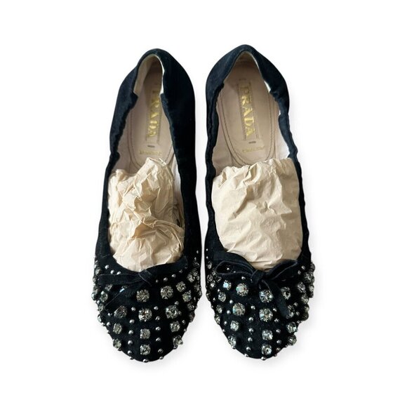 Prada Black Suede Jeweled Ballet Flats, size 39 EU, Original box, dust bag - Picture 13 of 14